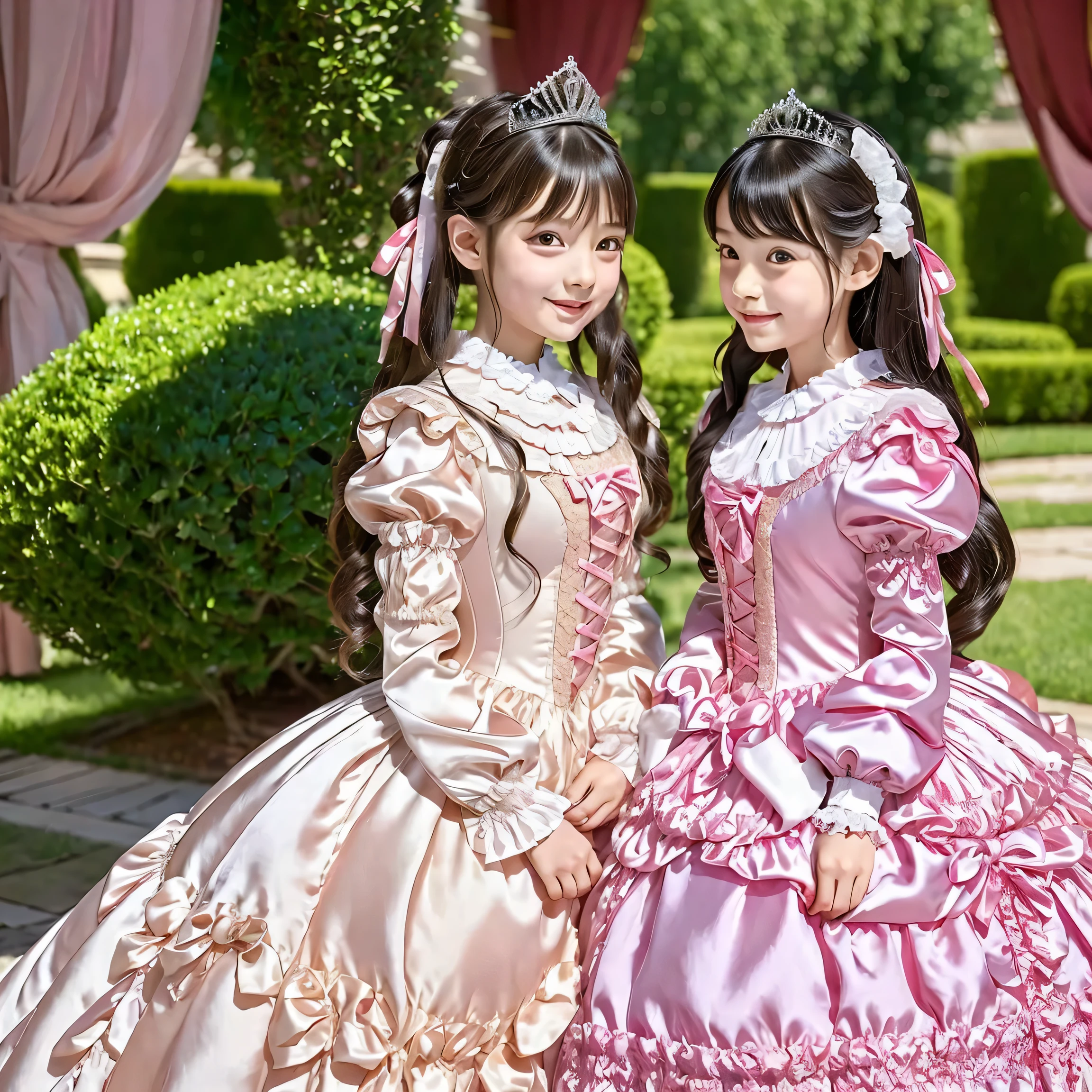 highest quality, masterpiece, highest resolution, artwork, super それにget used to it, many get used to it, get used to it, それにget used to it,, girl,cute girls,(()),((All 10 year old girls)),girls are princesses,everyone wears a tiara on their head,((all have volume,She is wearing a pink Victorian ball gown dress with a full-length hoop skirt)),the dress is round and bulging,(Long sleeves with ruffles),((A long dress that almost touches the floor)),A dress with lots of frills and ribbons..,((ruffle yoke collar)),luxury,inside the palace,Satin fabric dresses,They are kissing.,lesbian,behind a canopy bed,