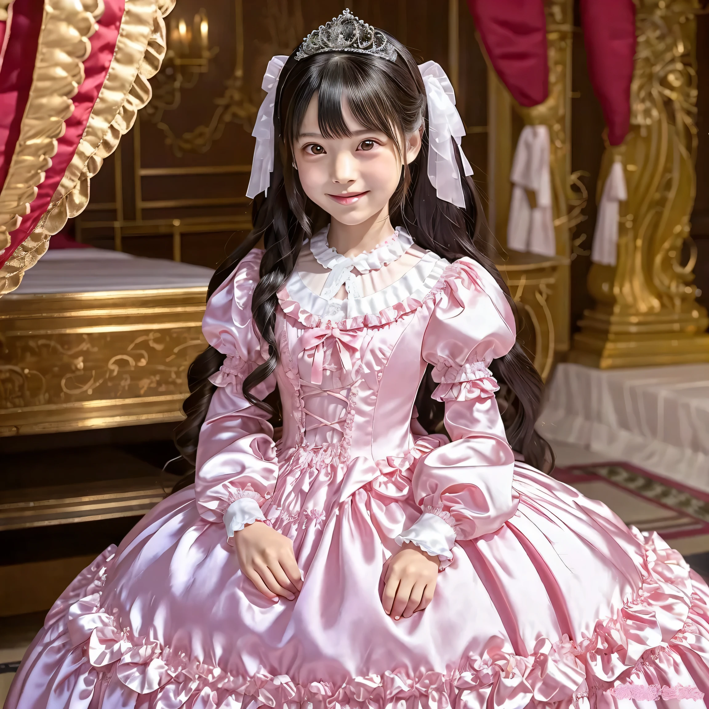,highest quality, masterpiece, highest resolution, artwork, super それにget used to it, many get used to it, get used to it, それにget used to it, 3K realistic photos,,((10 year old little girls)),Super detailed baby face,both are princesses,detailed luxury tiara,Full length ball gown dress with hoop skirt,ruffled yoke collar,Detailed braided ribbon on chest,puff sleeves,long sleeve,((lolita style hot pink princess satin dress、Comes with lots of frills and ribbons。)),crazy'colorful fashion,shiny silk satin dress,soft and smooth silk satin fabric,luxury,Very long blonde hair,blue eyes,white skin european,pajamas,((inside the palace)),Princess dancing happily,gorgeous flowing dress,fine white frills and lace,Super long hair that is as tall as your body,white long socks,drawers with lots of frills,castle bedroom at night,Super long flowing hair,on the bed,Luxurious canopy on the bed,Huge, spacious bed,Pink pillow with lots of frills,Silk satin pink curtains with luxurious ruffles and ribbons surround the bed,princess sitting on bed,Pillows piled up behind the princess,Long hair scattered like a fan on the bed,(((Both legs are completely hidden inside the dress.))),((((round futon)))),((((A large ruffled futon that covers the entire bed)))),detailed comforter,Detailed bed sheets,