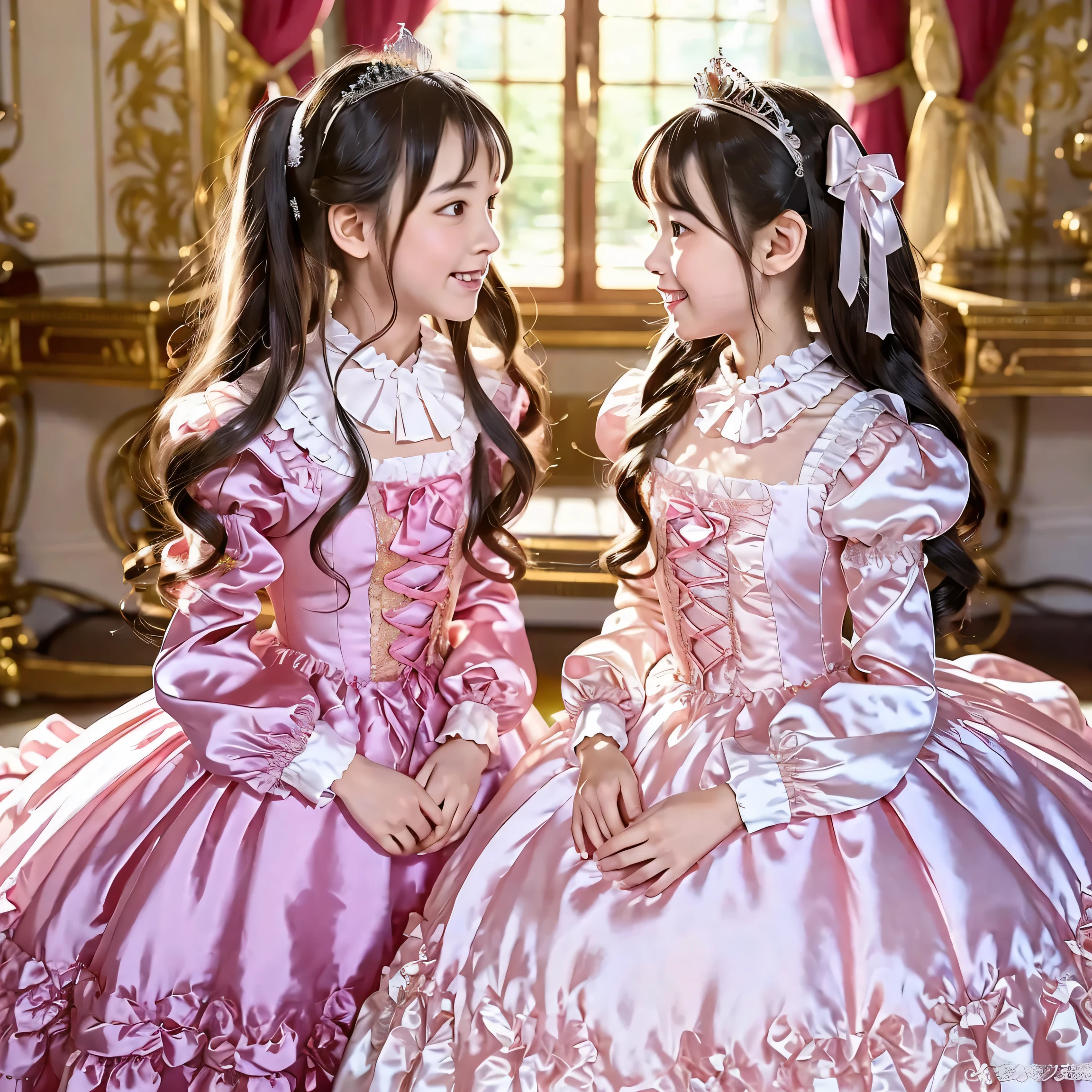 A composition that reflects the whole body to the feet,Two Princesses hot pink silk satin Victorian big Ball Gown Dress.(( Ten years old,Japanese little girls)),Cute face:1.0,Short body height:1.0,long Sleeves,puff Sleeves,frilled Sleeves,(((Frilled yoke collar that completely covers the Shoulders:1.0))),The dreSS iS decorated with lots of frills and ribbons.,(((Straight Long hair:1.2))),They are wearing princess tiara on the head,in the luxuriouS European rococo Style palace,Cute Smile, anatomically correct,