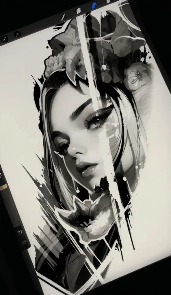 Create a surrealist pencil engraving style drawing for vertical tattoo