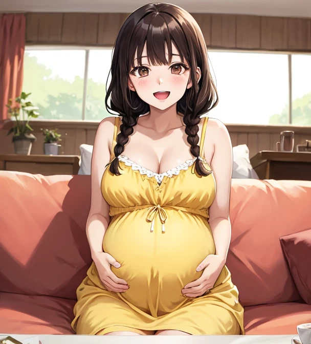A girl with long brown hair, Brown eyes, suave, linda, who is 2 months pregnant.