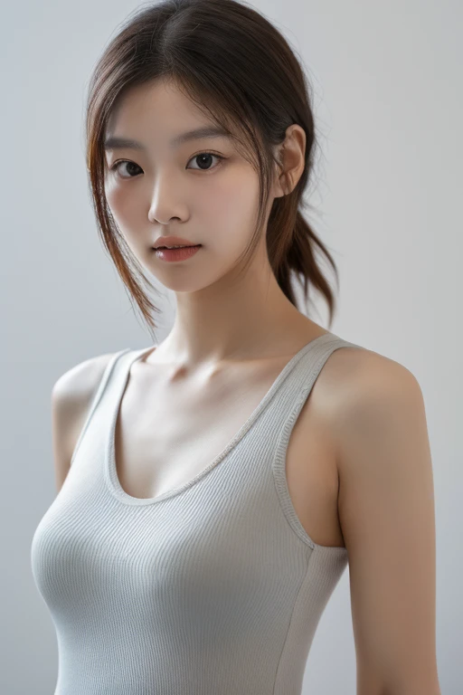 Asian woman, mid 20s to early 30s, long straight dark hair, side profile portrait, looking over shoulder, natural makeup, subtle smokey eye, nude lips, white sleeveless top, bare shoulders, clear skin, defined cheekbones, almond-shaped eyes, neutral expression, studio lighting, light grey background, high-quality professional photo, fashion or beauty shoot style,Anatomically correct, Highest quality, Very detailed, Textured skin, 