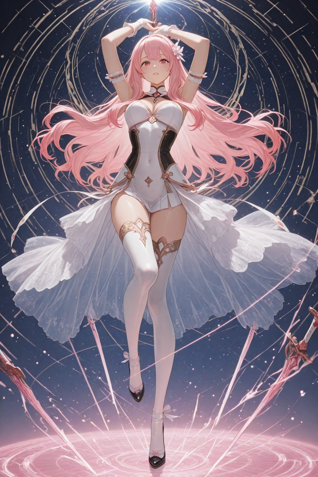 1 girl , full body, long legs, sexy pose, pantyhose, (nurse custome), best quality, (arrogant:1.2), (Jpop:1.08), (cute eye makeups:1.1), long hair, round breasts, (pink hair:1.2), night lighting, hospital, moon, atmosphere background
