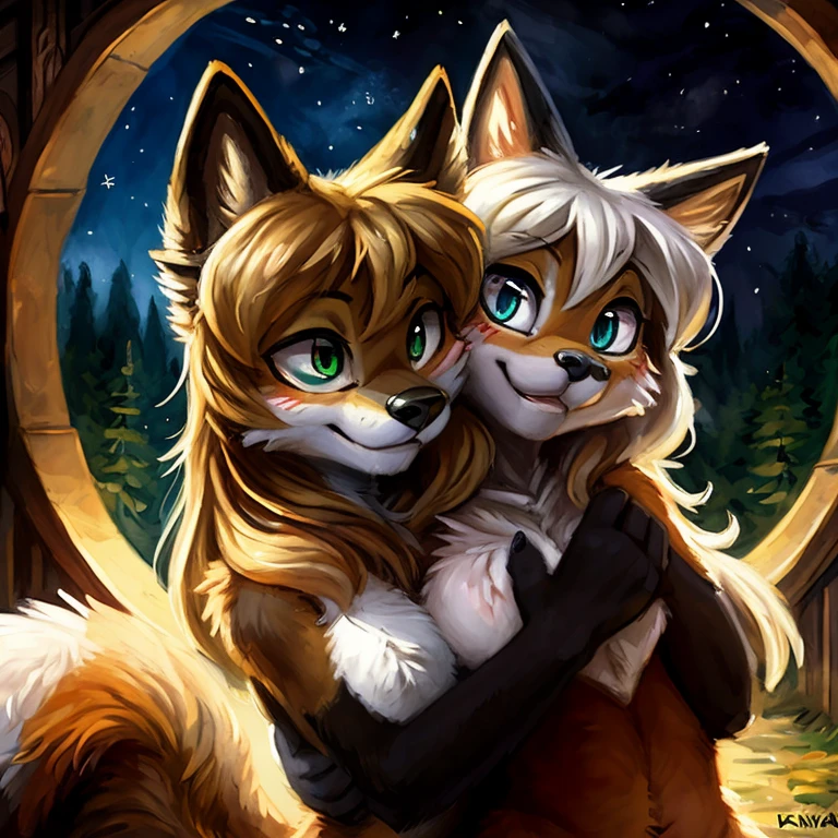 uploaded the e621, beautiful and detailed, woman (((female))) ((anthro)) Fox, (Averi, Fox girl), cinematic lighting, Fox, (anthro, fluffy fur), anthro fox girl, body fur, curvy, sexy, nice, cute, hot, comfortable anime-style cartoon-style, digital drawing, SFW, flat chest, chest fluff, blushing, green eyes, sassy, sassy hips, cute friendly smile, snow, forest, wet fur, heart, hearts, speech bubble, looking at viewer, close up, hugging viewer, petting, nuzzling viewer, on knees, two girls, Ross Tran, ruan jia, by Kenket