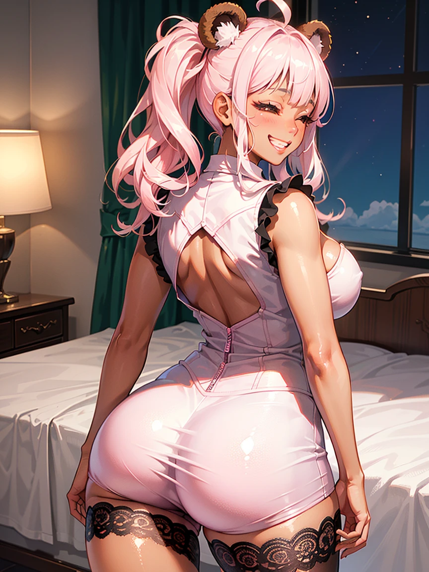 (((((1girl))))), (pink hair), (extremely long hair), (curly hair), (ahoge), (blunt bangs), (low twin tails), ((((((dark skin)))))), ((brown eyes)), ((half-closed eyes)), (completely nude), (no clothes), (thick thighs), ((thick lips)), ((wide hips)), (thighhighs), ((no clothes)), ((long eyelashes)), super detailed, ((best quality)), highres, UHD, textured skin, ((bedroom)), ((pink)), ((indoor)), ((cute and sexy)), (((evil smile))), ((grin)), ((smug)), full of lights, Real Human, Excitation, ((bear ears)), huge tit, ((leg up)), ((vagina exposed)), ((areolas exposed))