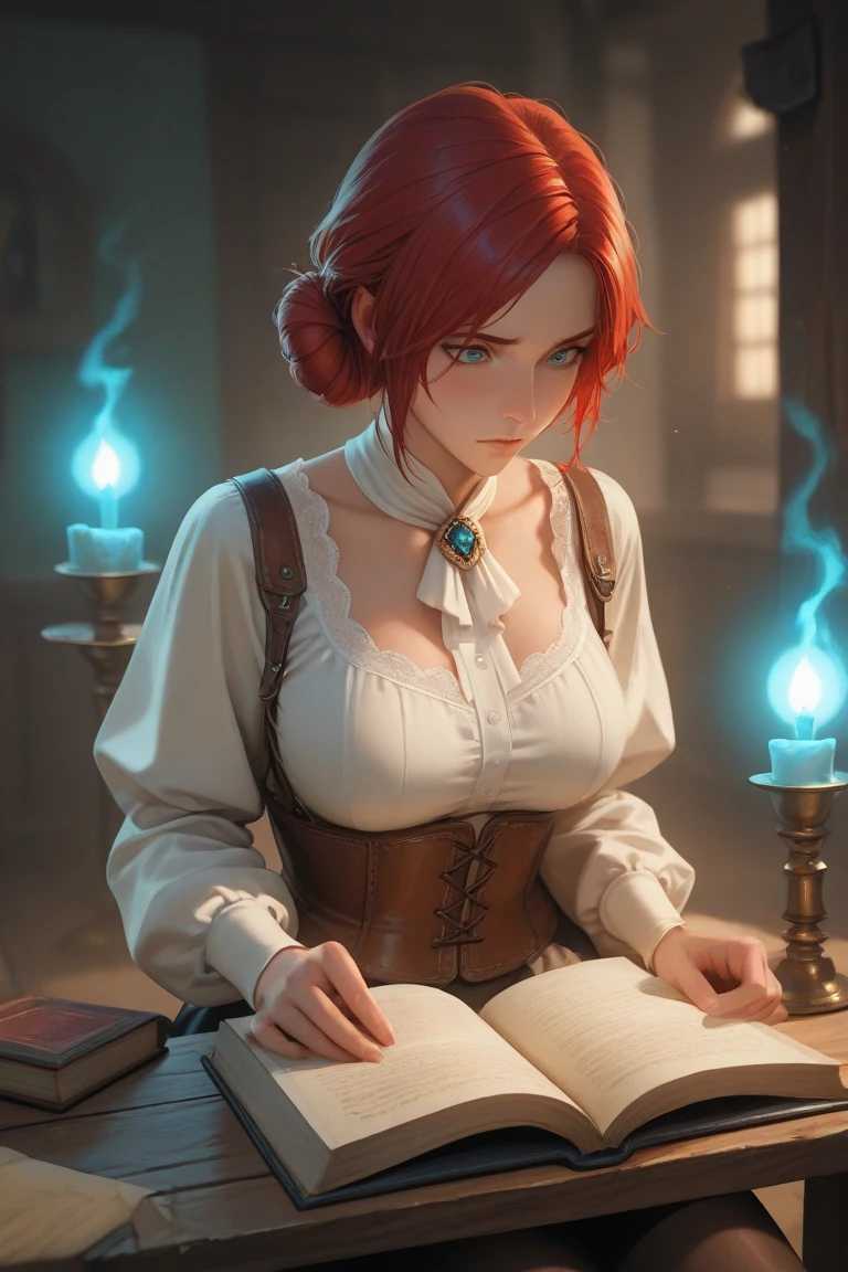 a handsome female, Realistic, She is dressed only in an unbuttoned white shirt, Examines a map in an old galleon's hut;, red hair color, parallax, Ultra Hyper Mega Contrast, covered with rose petals, tmasterpiece, Winner of the photo contest, Beautiful lighting, Bioluminescent pollen in the air, Aestheticism, perfectionism, Jugendstil,