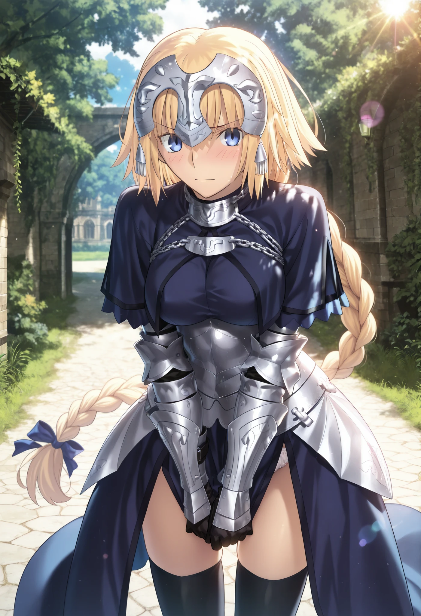 masterpiece, , absurdres, highres, detailed background, high resolution, masterpiece, necessary, detail, best quality, quality, necessary, details, High details, Precise, 8k, outdoors, dappled sunlight, day, lens flare, blurry background, , ,
1girl, , Takeuchi Takashi (type-moon,tsukihime) style, takeuchi takashi style, white frilled panties slip, bent over, covering crotch, cowboy shot,
girl, slim arms, jeanne d arc, \(fgo\), blue eyes, , jeanne d arc, blonde hair, medium hair, , single braid, ((very big braid, huge braid)), , armor, armored dress, black gloves, black thighhighs, braid, dress, gauntlets, gloves, headpiece, blue dress, Frustrated , medium breasts, looking at viewer, light embarrassed, closed mouth,