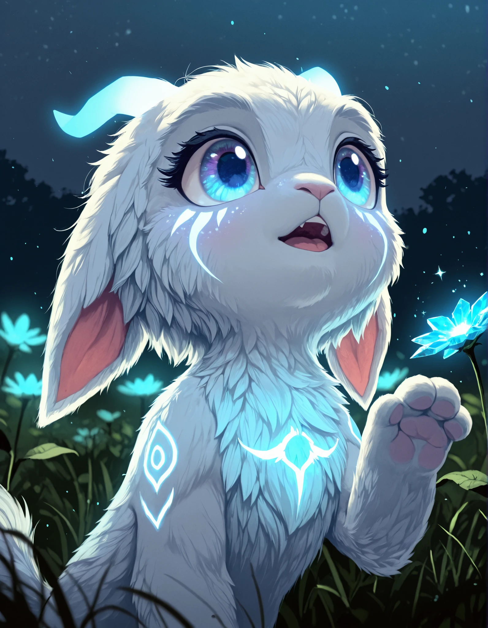 dr4g0n-style, solo furry, no human, guardian spirit, ori \(ori\), white body, big eyes, half-length portrait, fluffy, curious, happy, open mouth, looking up, head up, particles, raised one hand, blue glowing crystal, floating crystal, BREAK, masterpiece, best quality, high quality, [by Manino \(Mofuritaionaka\):realistic:0.65], [:by Rei \(Sanbonzakura\):0.65], detailed background, detailed foreground, light, sparkles, blue light, night, [:depth of field, backlighting:0.15], [:plant, grass, leaf, flower field:0.25]