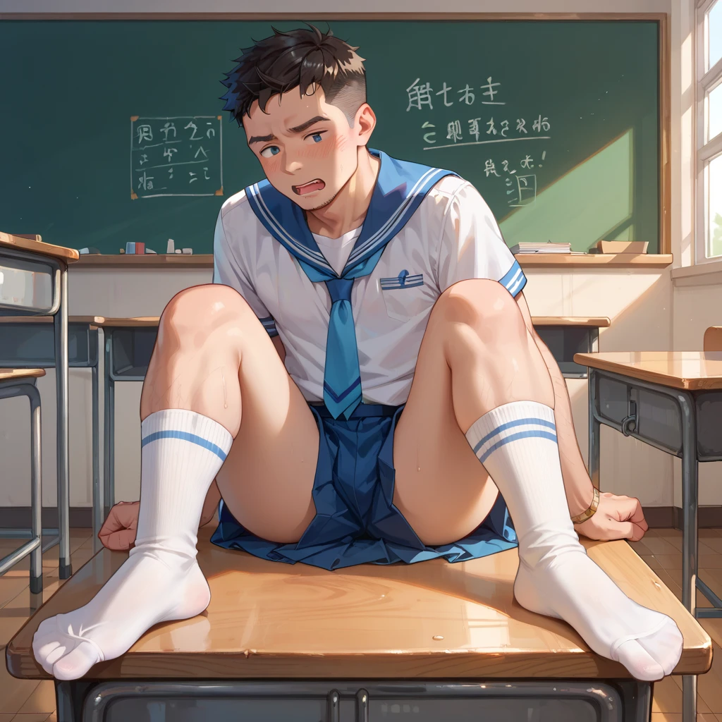 (absurdres, highres, ultra detailed),((masterpiece)), ((best quality:1.1)), High Resolution, 8k,1boy, (crotch bulge:1.1), shaded face, (white crew socks:1.1), (white ribbed socks:1.2), no-show socks, invisible socks, toes under socks, shorts,seamless socks, (puffy, (from below:1.1),
blue eyes, looking at viewer, short hair, facial, hand on knee, athlete,
seat on school staircase steps,anime style, indoors, ily