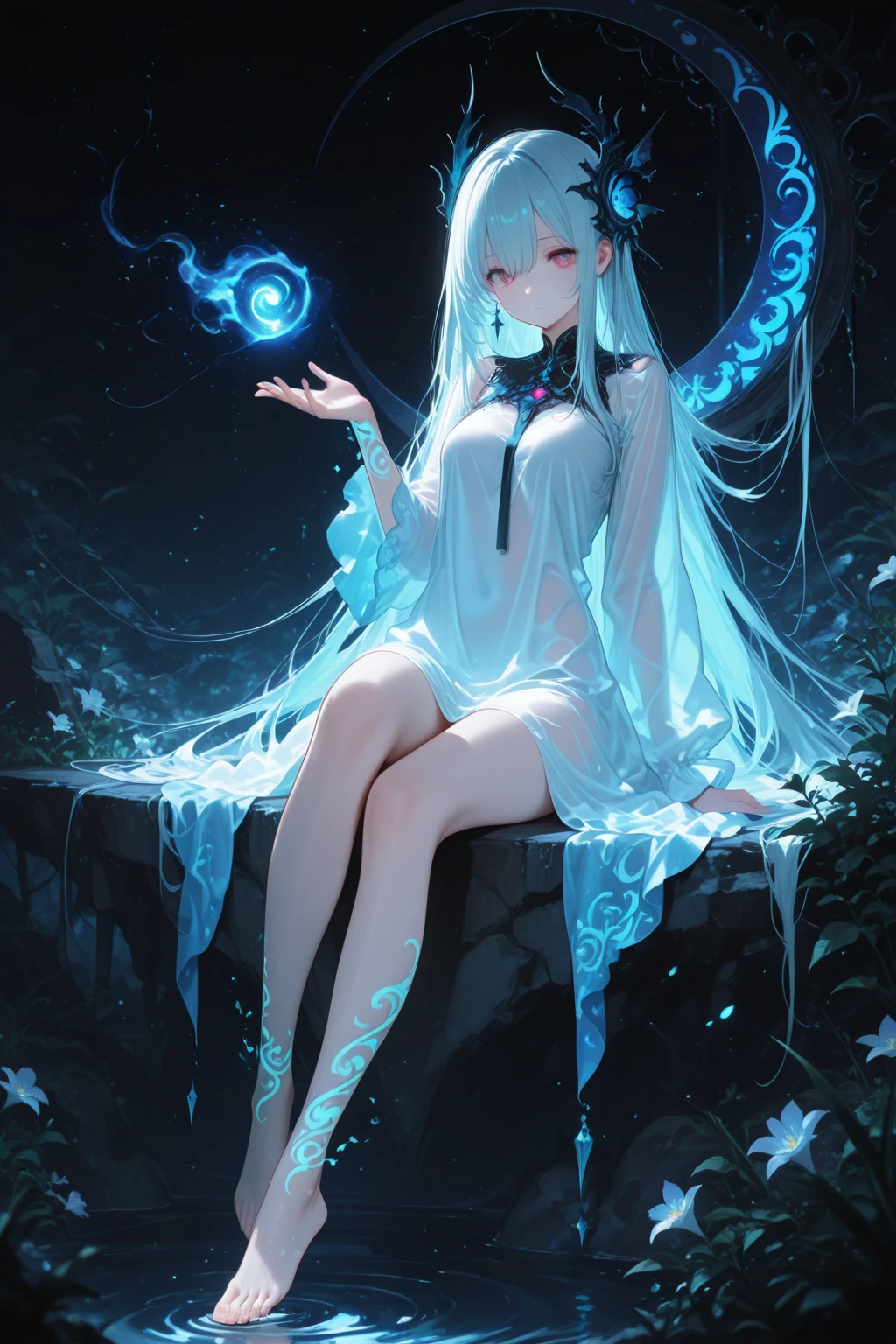 ​masterpiece, best quality, Julia Fe,  1 girl, alone, Long hair, Viewers look at, blush, smile, negative space, (bioluminescence:1.2), darkness, dark background, long sleeve, gown, bare shoulders, medium breasts, very Long hair, wide sleeves, Chap, white gown, mature