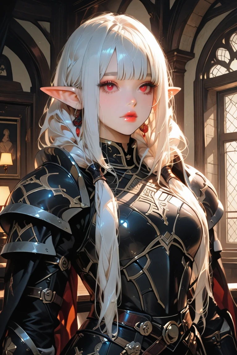 mature female elf, full body, long white hair, pointed ears, white skin, red eyes, confident expression, full plate adorned armor.