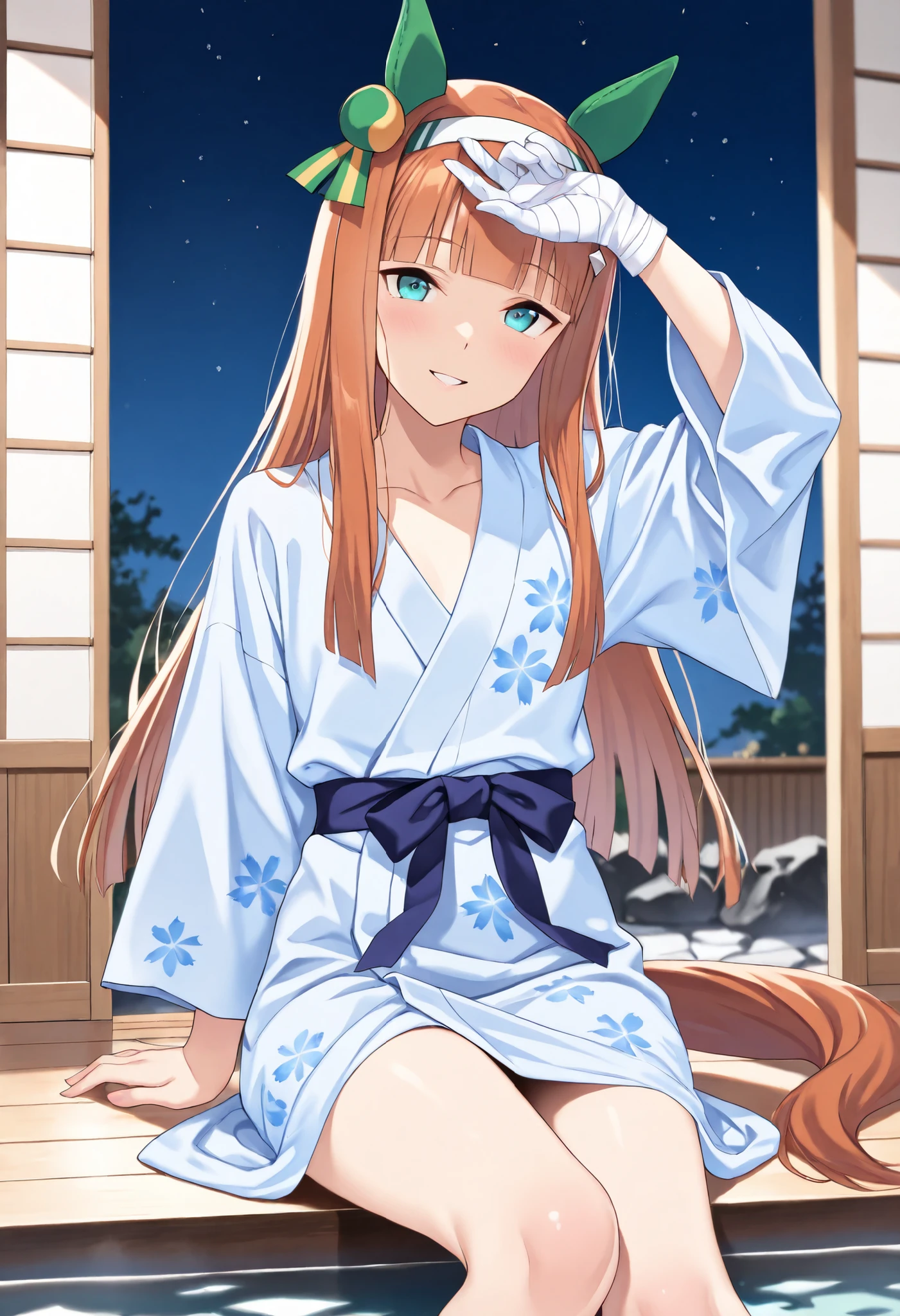 (masterpiece, best quality, perfect face:1.4), wide angle, silence suzuka \(umamusume\), horse ears, ear cover, white headband, small breasts, horse tail, tail on the lower back, proportional body, proportional,1 girl, beautiful hair, beautiful face, beautiful detailed eyes, beautiful clavicle, beautiful body, beautiful chest, beautiful thigh, beautiful legs, beautiful fingers, looking at viewer, BREAK, onsen yukata, indoor, onsen, ryokan, bedroom, BREAK, sharp eyesight, eyepatch to left eye, Place your hand on your forehead, bandages on hands, open-fingered glove, yandere, crazy, morbid love, An innocent smile, possessiveness, desire for control, textured skin, realistic skin, HDR, BREAK, good hands
