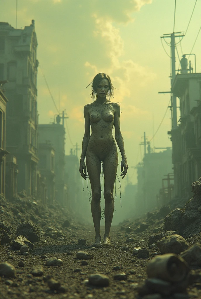 Young, beautiful zombie girl, walking down the street completely naked, deathly pale skin. beautiful body. Small breasts
Walking down the street of a deserted city, looking with her red eyes.