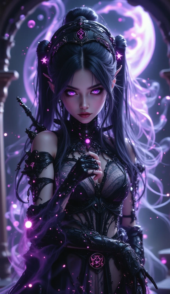 Esoteric arachnids lady, Spider Queen Elise, League of Legends, Esoteric arachnids, Combat Stance, ( The body is made of metallic mauve and metallic black liquid metallic paint.、It beautifully depicts the female form.。), Long, sharp fangs, nature, ((Complex metallic colors in the foreground)), (( Fluid Mechanics, The most beautiful smooth scale face makeup, Smirking expression)) - Dark blood, Onyxia、Noir painting of a beautiful young witch, Long purple hair, dark purple lips, evil, evil female, smile, Black Prom Dress, She is coming to you, close, Bright Blue Eyes, Surrounded by swirling pink smoke, Genuine, High detail, Highest quality