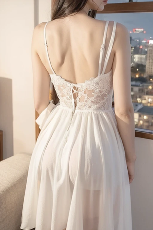 (((best quality))), (((ultra detailed))), (((masterpiece))), illustration,((1 beautiful little girl,solo,angel)),((fair skin,shoulder length straight blonde hair,blue eyes)),((slim,thin)),(earrings,crystal necklace),((bare back,towering hips,butt crack)),joyful expression,(flowing short-sleeved white sheer dress:1.3),((In heaven, garden setting)), vibrant flowers,(colorful flowers:1.3),lush grass, gentle breeze, (clear sky, fluffy clouds, shining sun),((from back,standing,upper body,thighs,pantyhose))