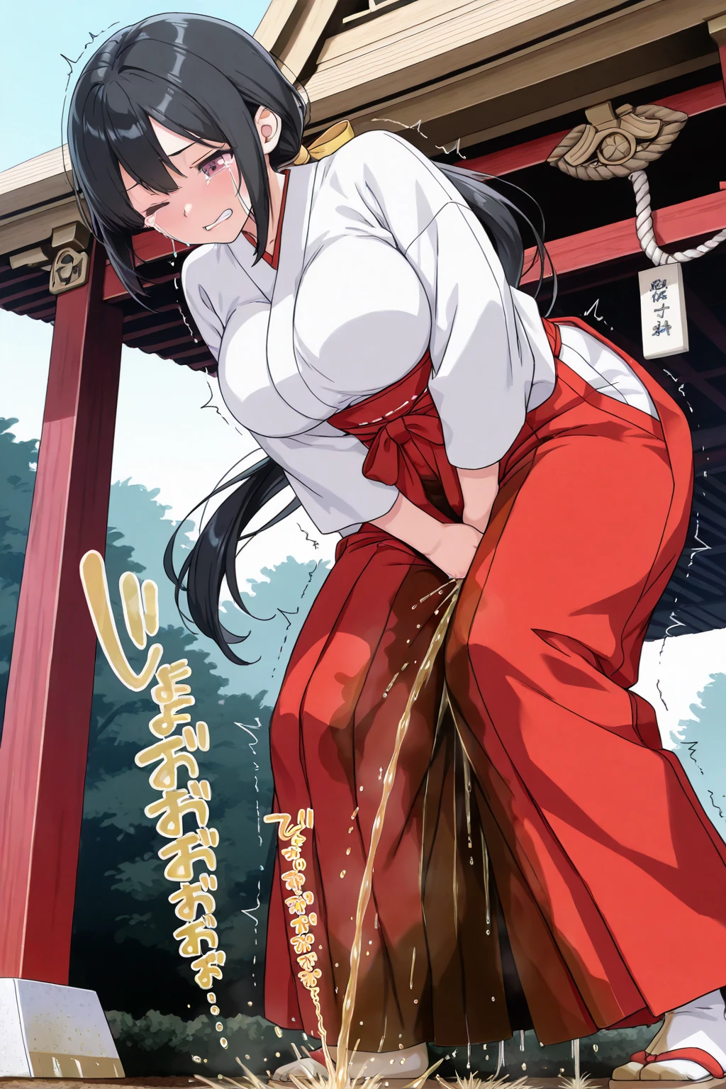 One Woman、A large number of people、Shrine maiden、Yamato Nadeshiko、Beauty、shrine、Shrine maiden服、Age 25、Looking down at the viewer, ponytail, Highest quality, Thighsに注目, smile,panties、Thighs、Big Ass、Big 、 Black Hair,Thighsの股間が蒸れてる 、Sweaty socks、Angle from directly below、Have a bamboo broom、Entice guests、Obscene sound effects、Naughty sound effects、Rubbing a bamboo broom against one's crotch