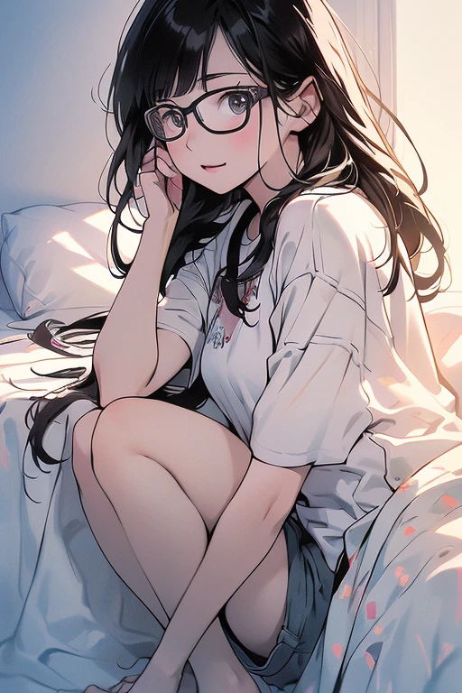 (masterpiece, best quality, detailed beautiful face and eyes and hair),1 young cute girl, glasses, braids, black hair, morning, window, white pajamas, ((see through)), bed, brownn eyes, shy , smile, hand between legs,