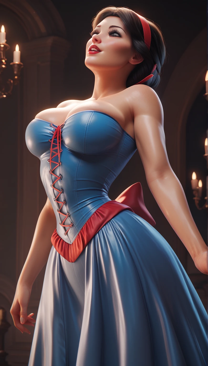 ((Full-length photo, standing, feet on the ground)) ((Full-length photo, standing, feet on the ground)) Clear, detailed eyes, a girl, Disney's cute snow White, with long wavy hair standing up, bra and panties, sexy, beautiful girl, innocent, cleavage, low-cut tops, alone, light eyes, seductive, silk, smiling, black lingerie, sensuality, very big discount, seductive lady, League of Love, BDSM, Anna from the movie "Frozen " by Disney. tied up, inside a palace made of stone. (Tied with jute rope:2), (tied with lots of rope, ankles tied, legs tied, breasts tied, crotch rope:1,5). Otm gag. O