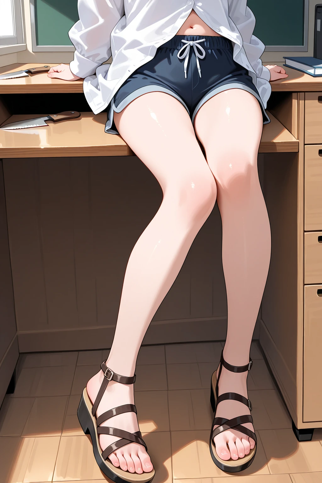 anime girl, high heel boots, leg posing, floor close up view only