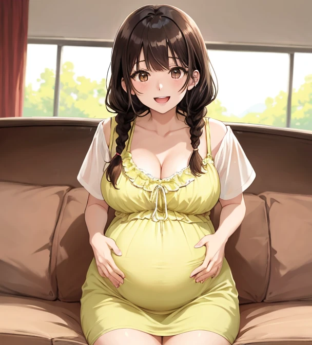 Solo female, best quality, 4k, black hair, curly hair, messy hair, braid, beauty mark, brown eyes, sundress, plus size, outdoors, pregnant