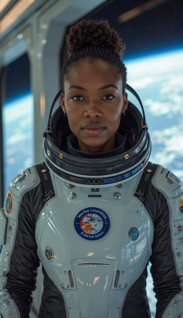 (medium full shot) of (bold astronaut) young woman, south african, dark eyes, dark skin, dark skin, hazel eyes, lithe build, hazel hair, wearing a silver pressure suit, thermal gloves,space boots, utility belt, set in Space Station, Observation Deck, large windows providing a view of Earth, scientific instruments and computers, floating in zero-gravity, soft lighting, at night, woman smiling at the viewer, Masterpiece,best quality, photorealistic, amazing quality, very aesthetic, extremely detailed face,