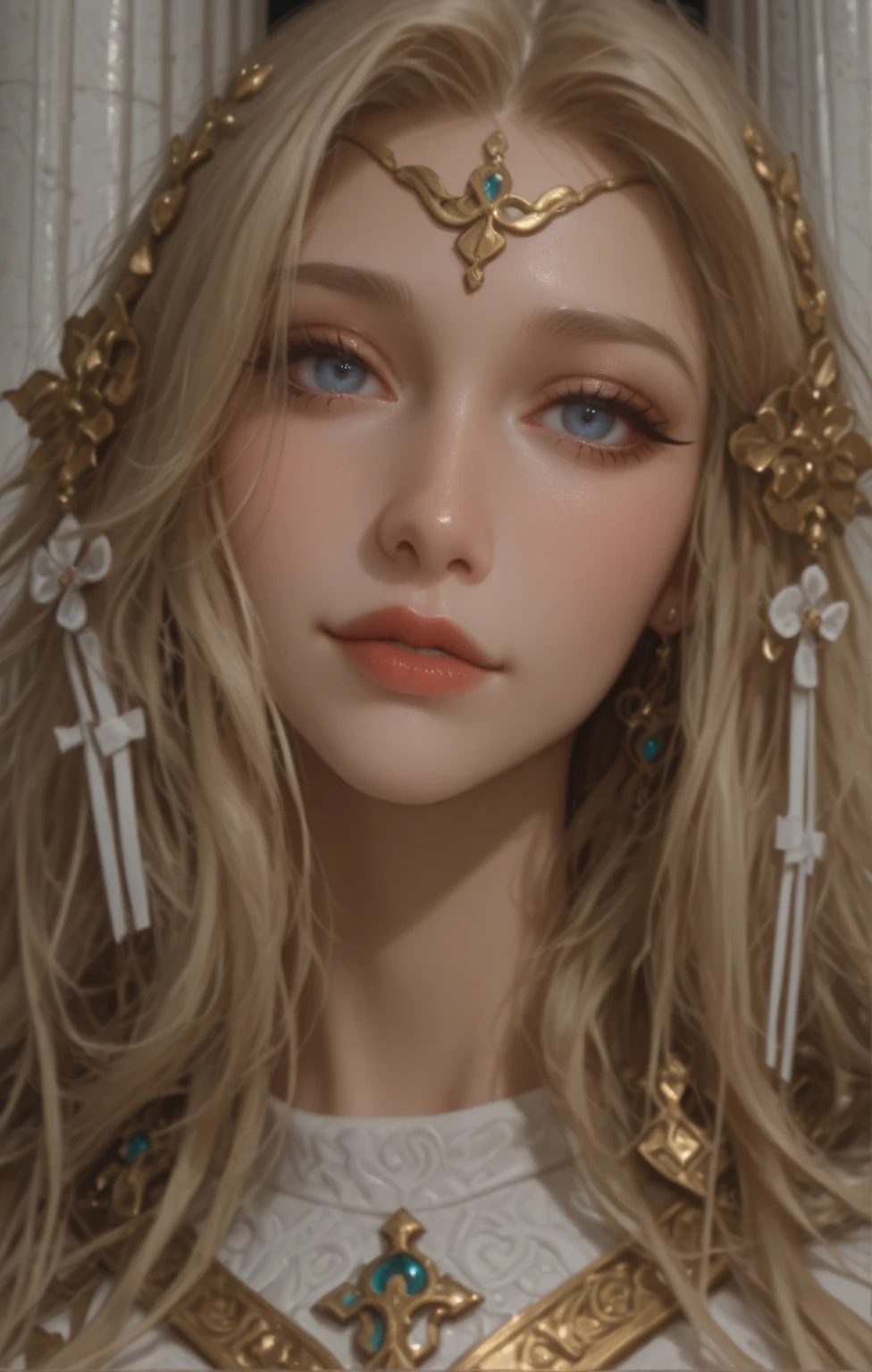 Manteau blanc,white skinned,whaite hair,long braid,Golden eyes,Look up,The upper part of the body,Need,tmasterpiece
