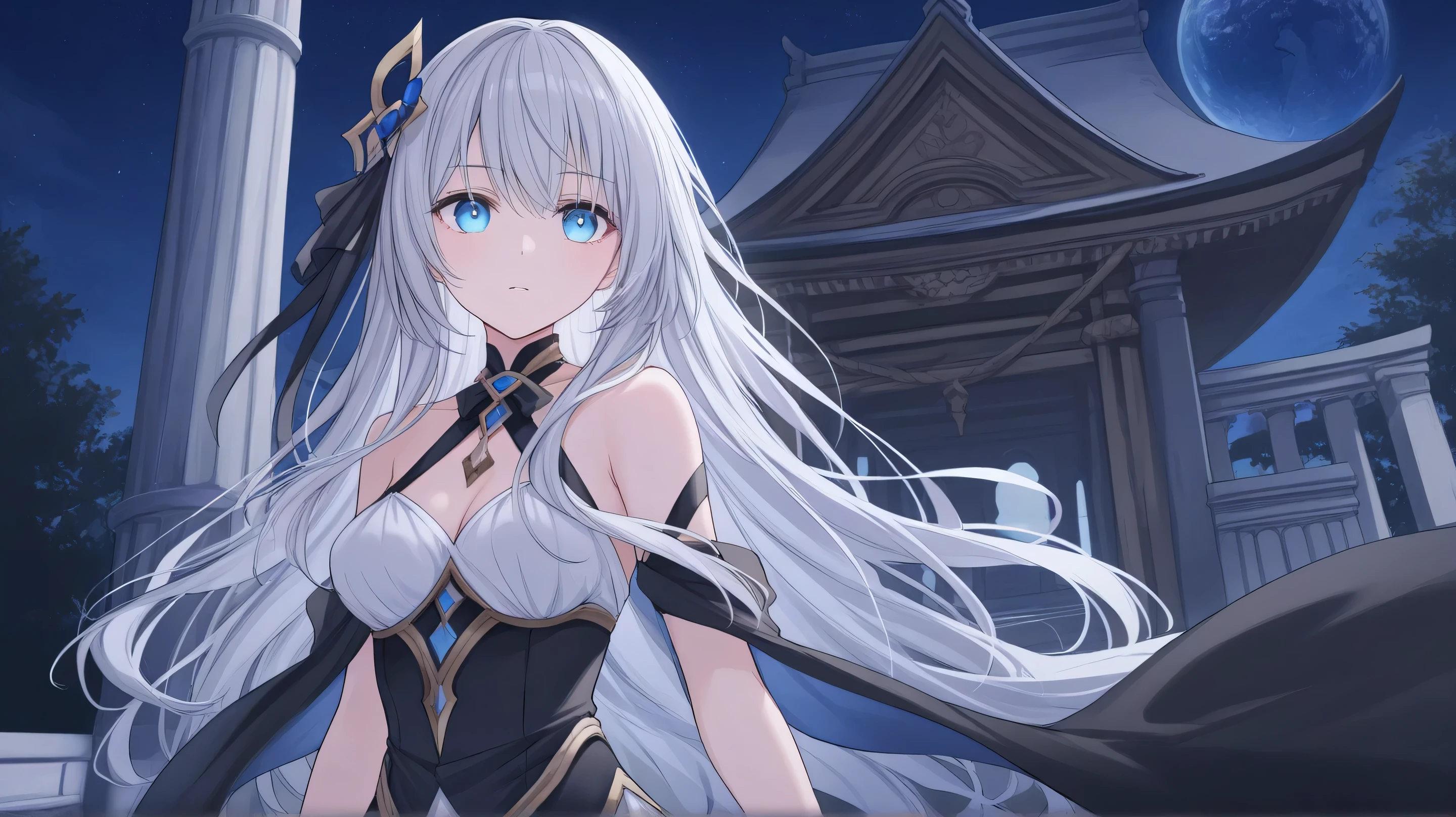  dress、In a temple with only columns、Mysterious illustration of the upper body of a blue-eyed woman with long, wavy silver hair。I can see half of the Earth in the night sky。