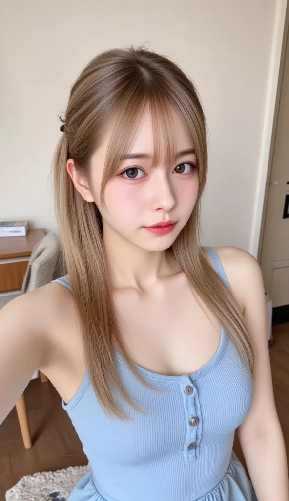 one person、17 years old、Full body photo、slender、woman、White drool coming out of the mouth、Twin tails、Blonde、  Fair skin, messy hair, super cute、Soft and Face、8K resolution、Surreal、Ultra high definition、 A-cup small breasts（（Highest resolution、8k、masterpiece：1.3））、Ultra-fine face、Ultra Fine Lips、Beautiful Eyes、double eyelid,Light blue wall、White bikini swimsuit:1.1、、Thighs、thin,Thighs are visible、Shapely small breasts、