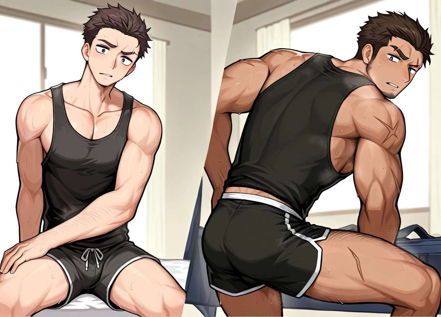College boy. Boy. Male. Short hair. He is a handsome man, very disciplined and studious. He has a slim toned body and a thick rear, wears a black short short, making his voluminous large ass stand out. Male character. Orange crop top. Short Black messy boy hair. High quality. rear pointed at camera. bedroom. Face and ass only in view.