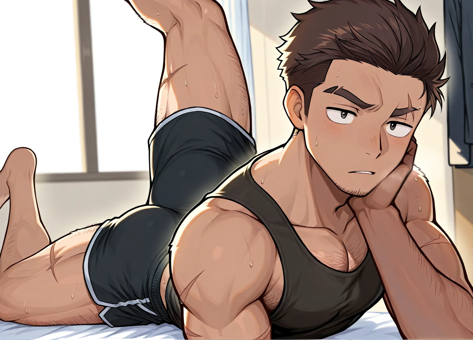 Male Spiderman very wet sweaty white socks laying down on his stomach flat on bed feet soles showing so very close to the camera