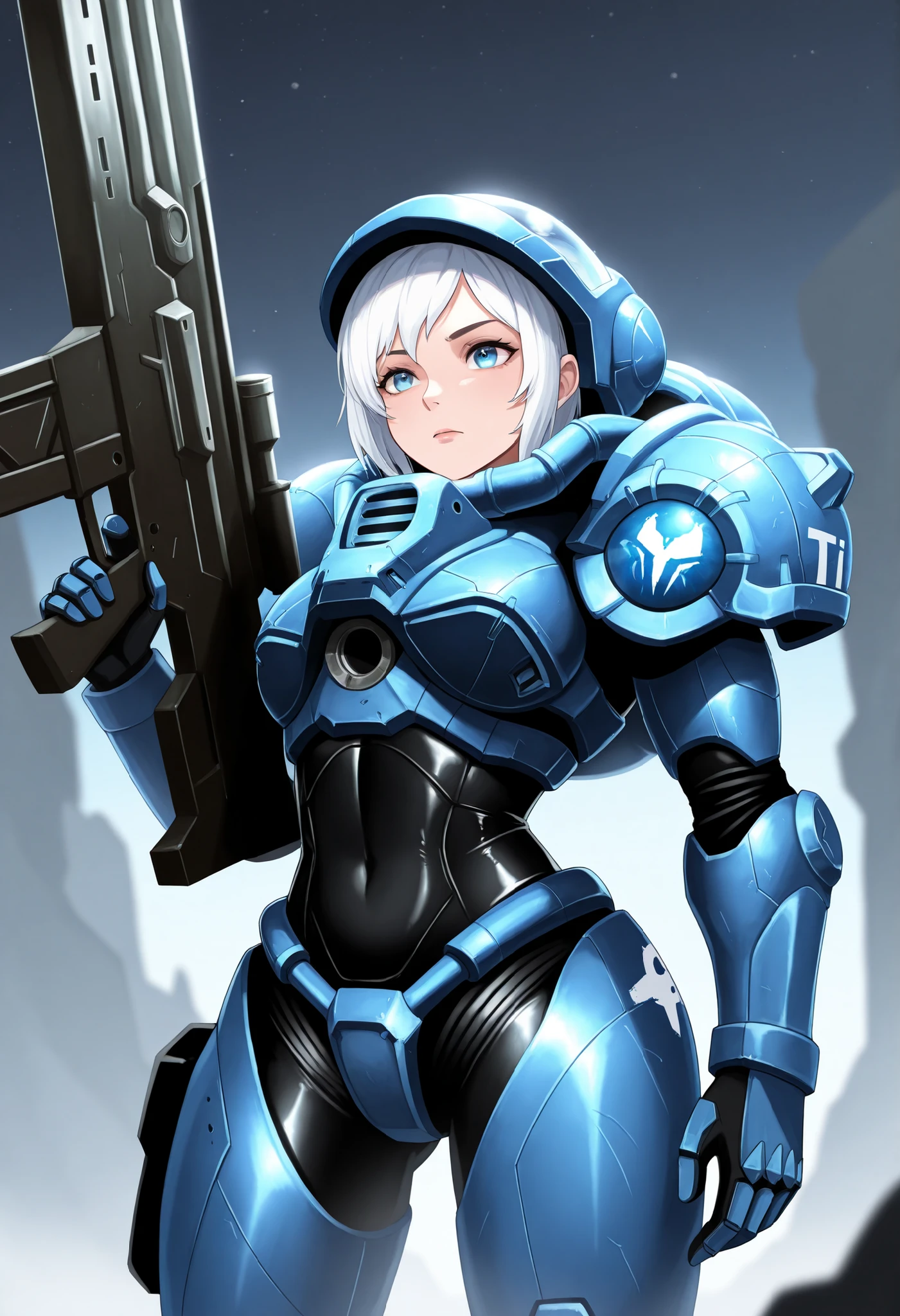 1girl, solo, white hair, blue eyes, wearing t3rr@np@, holding c14 rifle, front shots, Terran Marine from Starcraft II with helmet open,