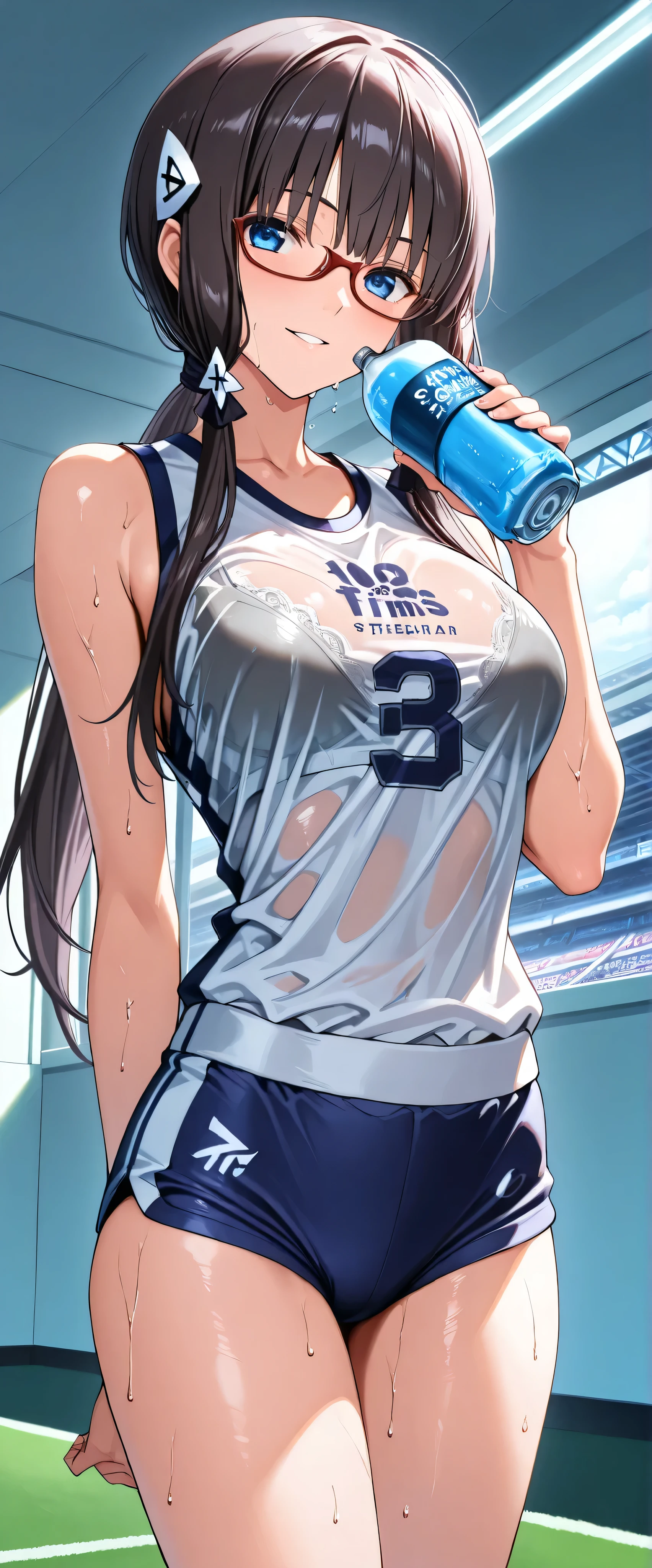 (((masterpiece)))、((top quality))、(Super Detailed)、(CG illustration)、(Very Beautiful Women))、((((standing in the teacher's house,facing the front )))cinematic lights 、((1 woman))、 、(Beautiful and luxurious:1.2)、Athletics Stadium((Female 1:1.Sports Stadium )),((sports drinks)),((sleeveless track and field athletes who can see their underwear through their clothes ), cowgirl position with sweaty ,beautiful ponytail,,( Can you see clothes through a bra ),skinny,Mali Illustrious,glasses