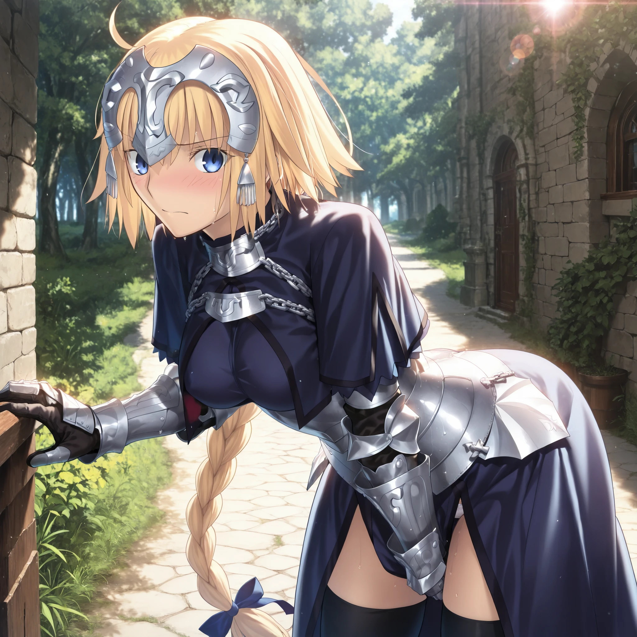 masterpiece, , absurdres, highres, detailed background, high resolution, masterpiece, necessary, detail, best quality, quality, necessary, details, High details, Precise, 8k, outdoors, dappled sunlight, day, lens flare, blurry background, , ,
1girl, , Takeuchi Takashi (type-moon,tsukihime) style, takeuchi takashi style, white frilled panties slip, bent over, covering crotch, cowboy shot,
girl, slim arms, jeanne d arc, \(fgo\), blue eyes, , jeanne d arc, blonde hair, medium hair, , single braid, ((very big braid, huge braid)), , armor, armored dress, black gloves, black thighhighs, braid, dress, gauntlets, gloves, headpiece, blue dress, Frustrated , medium breasts, looking at viewer, light embarrassed, closed mouth,