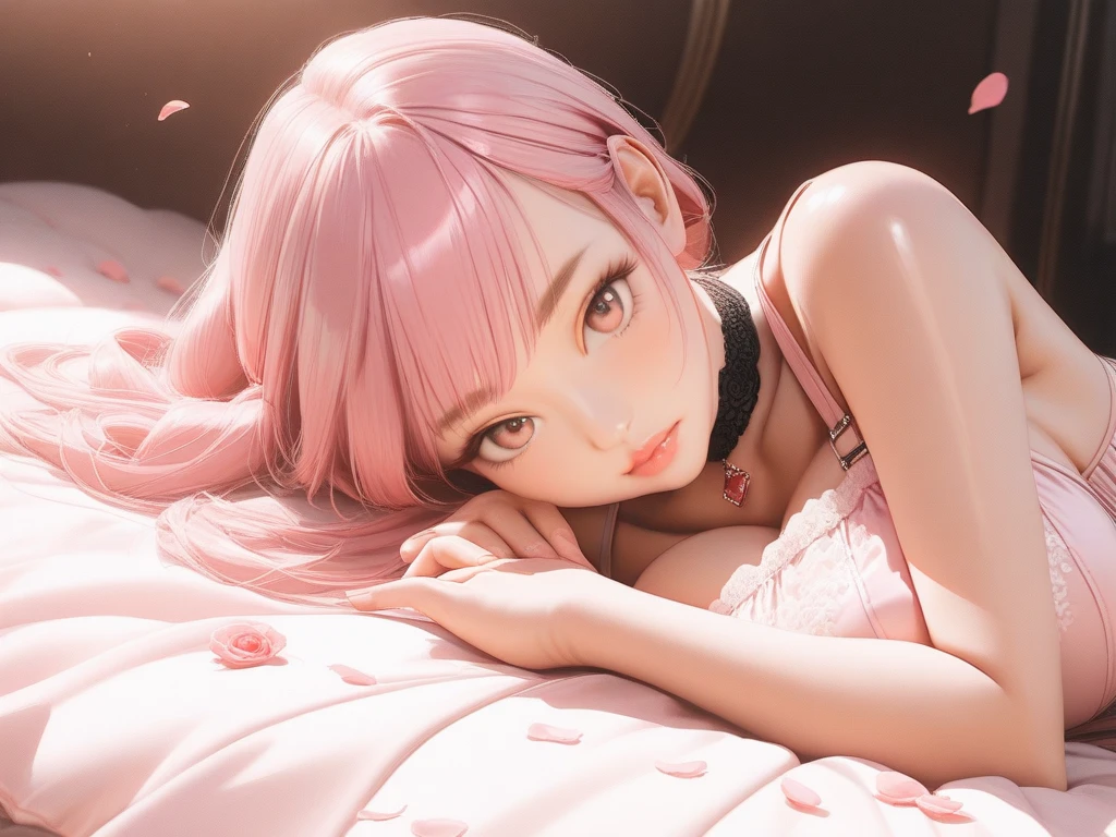 (Best Quality,High resolution,8K,finelity detailed background,Masterpiece:1.2),beautiful girl,Shiny pink hair,messy hair,Pink eyes,Gentle look,A refreshing look,Best quality,Best Quality,Aesthetic and aesthetic:1.2,Best details((Super detailed))(High-definition CG illustrations),Glamorous black underwear (black,intricate lace),Slender body,night,Moonlight,Bedroom,On the bed,smile,blush,cute,Scrounge,Looking up,Being spoiled,Smiling Kindly,super model,wariza,shoot from below