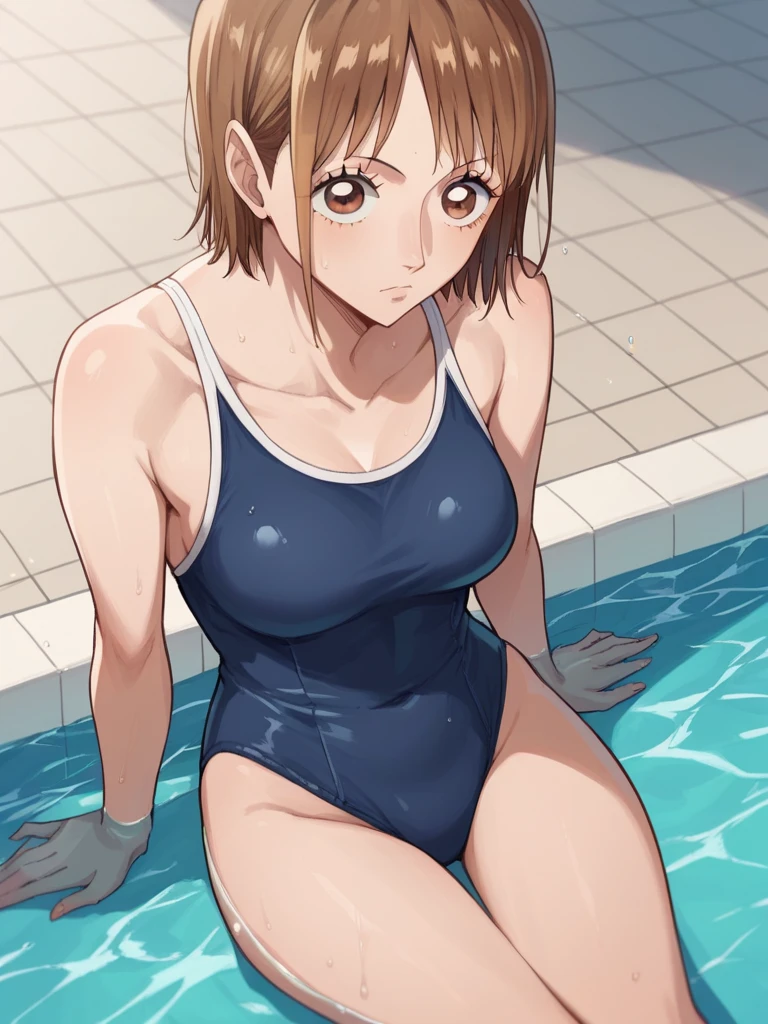 Blonde, (short hair:1.2)、((Illustration of a person))、Big Breasts、
View your viewers,, (Highest quality:1.3),blue eye star piece、Highest quality)、Highest quality, Ultra-high resolution, (((masterpiece))), alone, Sweat、Big eyes、Big Breasts、One Girl, Front view、Embarrassed face、Bronze colored hair、((short hair))、One Girl, alone, blush, Big Breasts,
Bare arms, Wet, Pool, 青いSchool Swimsuit, Thighs, Place your arms at your sides, Bare arms, Cowboy Shot, Are standing, School Swimsuit,bite、High Leg、mansuji、 exposed、Nipples、Shoulder straps fall、One side off-shoulder、Breast Exposure、Happenings