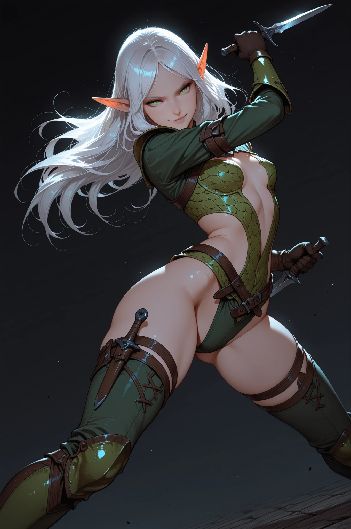 soio, masutepiece, of the highest quality, Rear view, Queen of the Grey Elves, bikini of, central, Belt bag, Peach Boots, viewer, Face, Portrait, Glowing eyes, Green smoke, Ass, Black background, Raised breasts, Bare skin, facial expression of smile, devil's figure, Docking screen, Muscle Girl, Krautin Gregg Open, Lower body