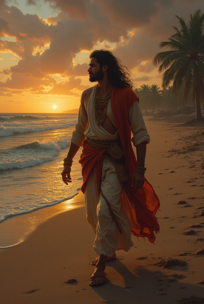 Create an image that there are clouds in the sky, there is sea below and there are many boats, but there is a boy who is very handsome, he has a tilak on his head and a small Rudraksha rosary in his hand and also some parts of his body. You are wearing light saffron clothes and in front of you is a beggar wearing torn clothes and he is threatening that hair.