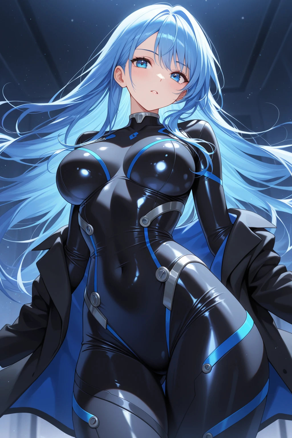 Masterpiece, very detailed, ultra-detailed, one, A beautiful woman is a sporty body, she is in futuristic blue armor with bright black details, in a stable position, long hair, wild hair and straight bangs, bright blue hair, blue demonic horns, beautiful, charming, bright blue eyes, with huge breast, elegant, cold-blooded face, charming, against the background of a futuristic laboratory.