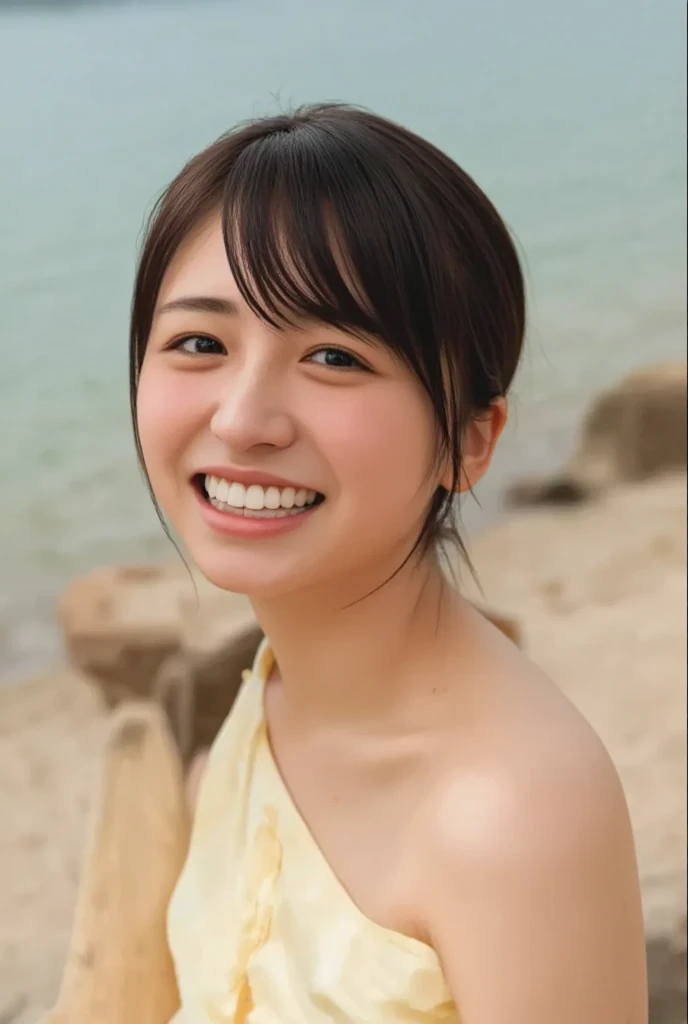 Only one girl、((perfect bodies)))、(​masterpiece)、((top-quality))、(ultra-detailliert)、((extremely delicate and beautiful))、(((Very shallow depth of field)))、nffsw，(((incredibly absurdness)))、((perfect bodies)))、(((A dark-haired)))、(((short cut hair)))、(Okabo hair)、(((Looking at the camera)))、(((small tits)))、(((The best smile that makes you happy)))、Camisole dresare+Background with、dynamic ungle、female focus on、{Particles of light}、Meticulous background with、((paul hedley)))、Soft lighting、(Dramatic sunset)、Evening glow、Very beautiful sunset、Live action、realisitic、Angle from above、cute smile face、(the background is blurred)、28year old、being thin、((the wind))、(((movement)))、(((emotional)))、((colourfull))、((a baby face))、((Beautiful teeth)) 、f lare、sea the background of