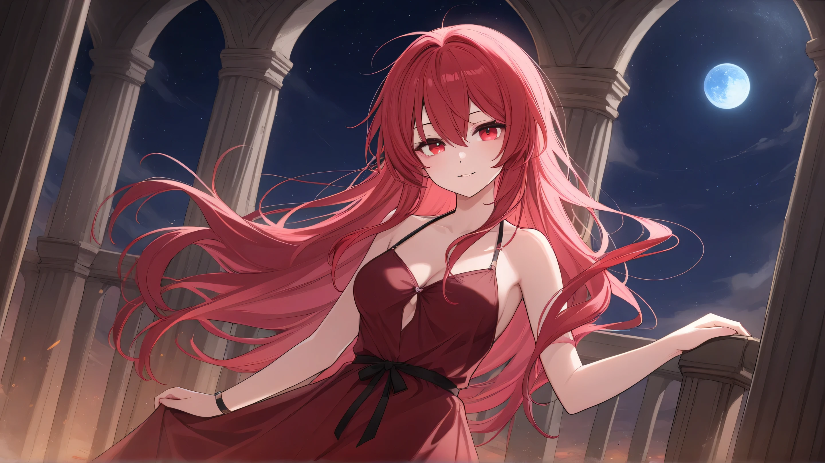 A mystical upper body illustration of a woman with long, red hair and red eyes, wearing a dress, in a temple with only pillars. The night sky shows a half-Earth.