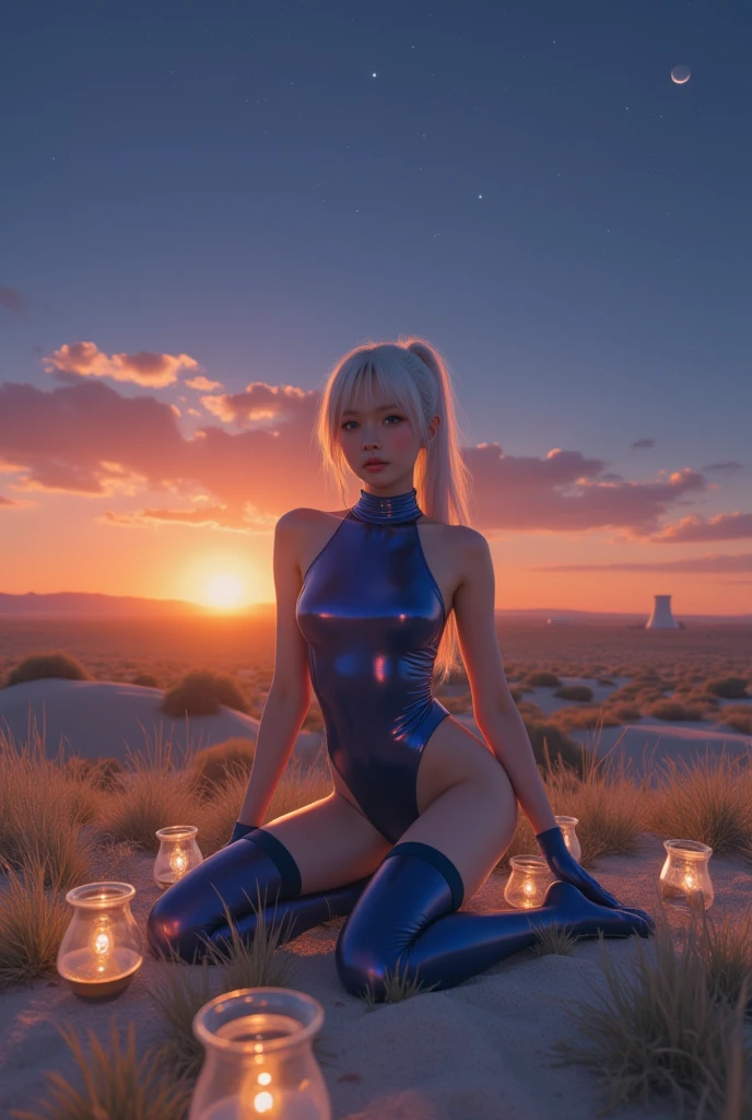 Russian blonde woman controlling fire with macabre smile and burning eyes in a Japanese cityscape wearing a white swimsuit flying in the sky at dawn under heavy rain, wearing a white swimsuit with red details, focus on the sky, heavy rain, gloomy dawn, burning eyes, horror, photo with angelic appearance, small figure in relation to the scene, similar to powergirl but with different costumes, cleavage, no pants, black t-shirt, landscape, tokyo, neon, third person, viewing from below, long hair, red details on the swimsuit , superpowers, robust body, lots of fire