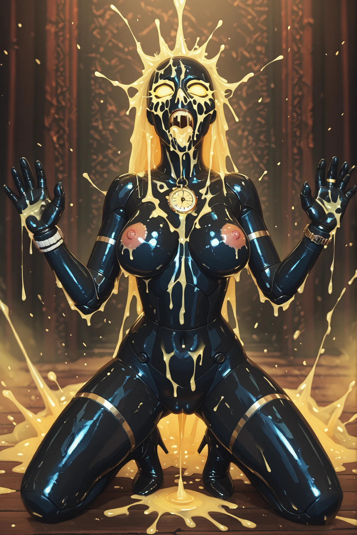 Form: Black-chitin skin glowing at the joints, her breasts adorned with sting-marks. Her pussy is a glowing trap-lotus, lined with secret stingers that pulse when entered.

Climax Act:
((sand-ring of pleasure and punishment)) — Serkettha kneels in scorpion-bridge pose, grinding her glowing pussy on a stinger-throne — her body writhes as venom drips from both tits and cunt — ((when she cums, she screams and sprays golden fluid that paralyzes all who watch)) — she growls: “You came to suffer? Good. Now drink.”
