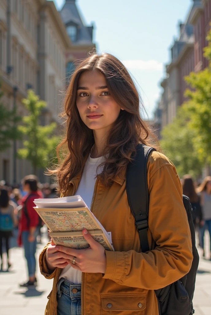 (best quality,ultra-detailed,photorealistic, non-blurry)young woman, beautiful eyes,detailed lips, caramel complexion, soft lighting,vibrant colors, wavy and voluminous hair, thinking expression, summer dress, on a train platform, realistic background, with a book, full body, ultra-detailed hands, ultra-detailed fingers, slim waist, detailed dress