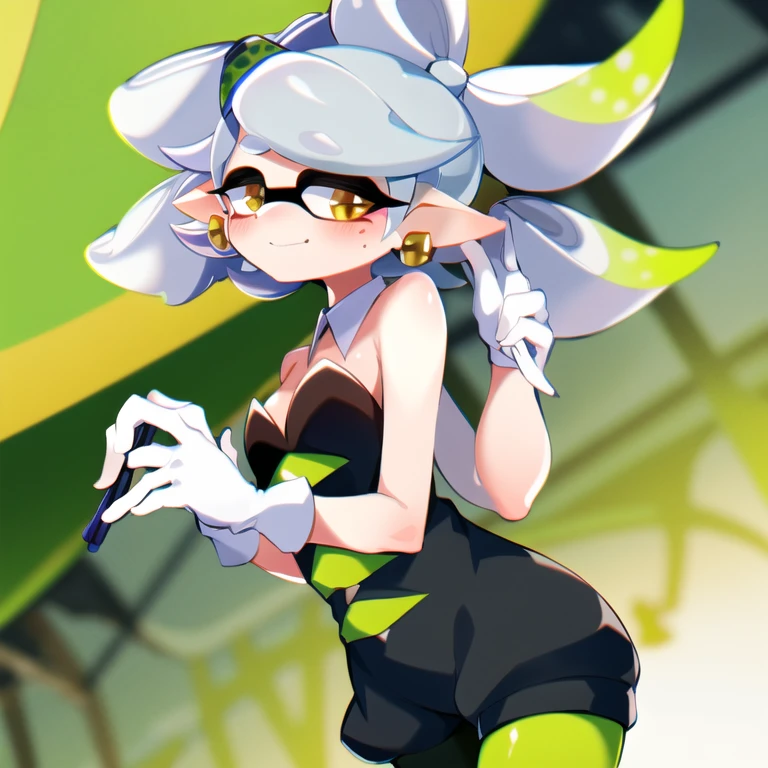 <lora:splatoonCharacters_marie:1>, Splatoon Marie, Natural Volumetric Lighting And Best Shadows, Deep Depth Of Field, Sharp Focus, Portrait Of Stunningly Beautiful Inkling Girl, Soft Delicate Beautiful Attractive Face With Alluring Yellow Cross-Shaped Eyes, Lovely Boobs Large Breasts, Thick Eyebrows, Voluminous Sharp Eyeliner, Expressionless With Closed Mouth, :<, Squidbeak On Head, Windswept Disheveled White Tentacle Hair, Thick Layered Bow Shaped Hairstyle, Parted Lips, Skindentation, Curvy, Pointy Ears, O-Ring Earrings, White Detached Collar, Black Strapless Short Jumpsuit, Amazing Cleavage, White Gloves, Green Pantyhose, Ankle Boots, (Colorful Paint Splash Background:1.1), (Standing On One Leg:1.15), (Hands Up, Waving Hands:1.2), (Highest Quality, Amazing Details:1.4), (Masterpiece, Toon Shading:1.2), Raytracing, Brilliant Colorful Paintings