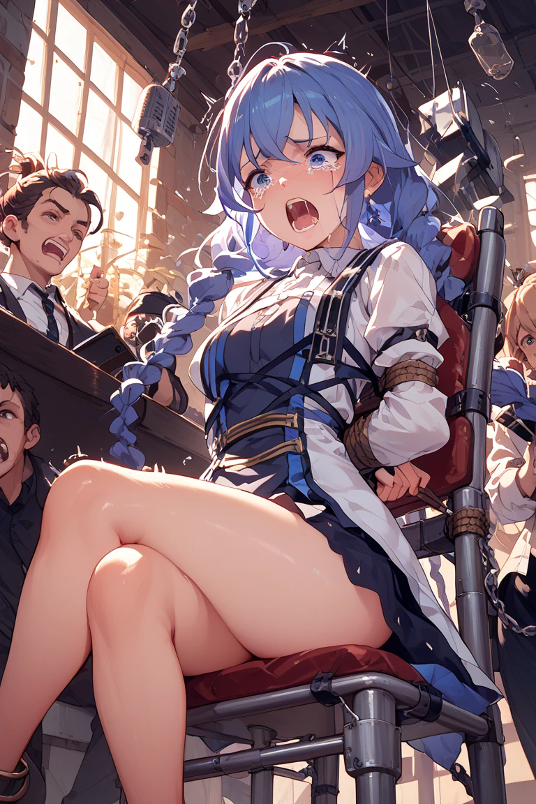 A female medieval fantasy adventurer, wounded, scared face, badly torn-damaged clothes, full body, defeated , tears, cum, full body, in tavern, surrounded by goblins, teared clothes, missionary sex, bare breast