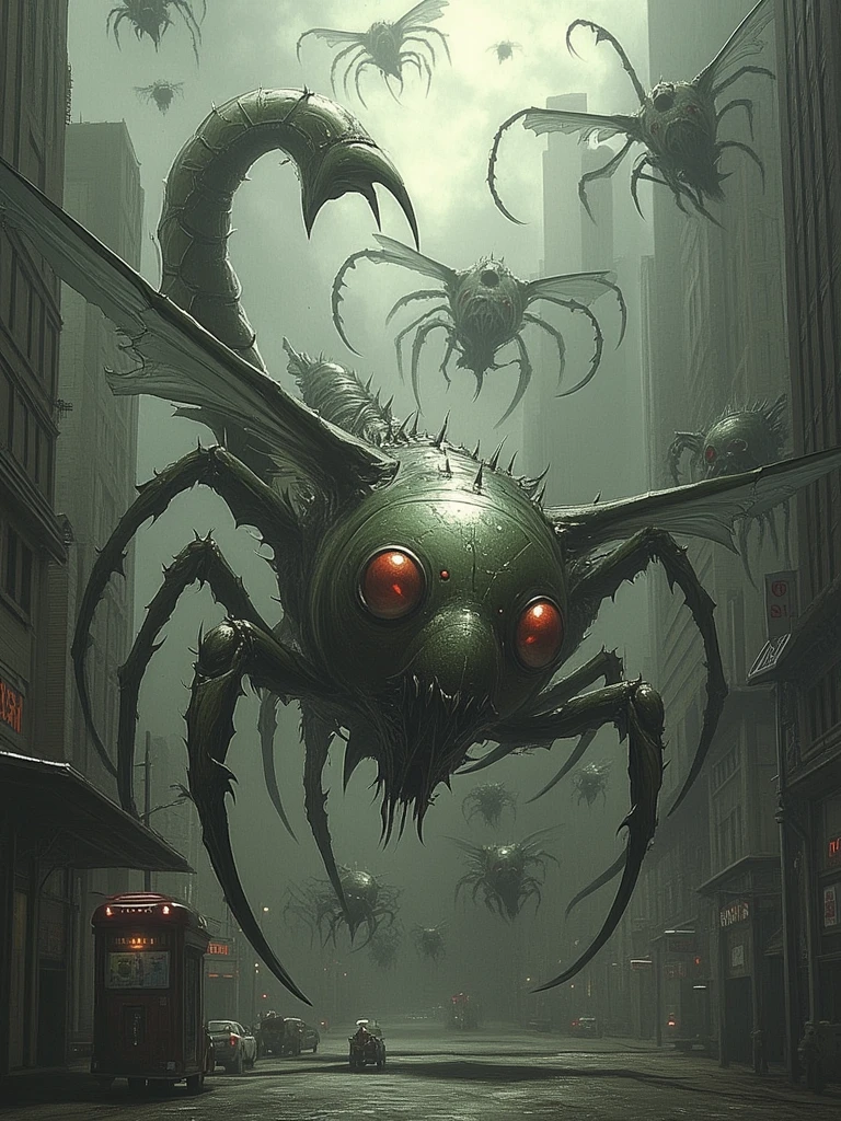 giant grotesque dark red flea-like creatures leaping in the air in a devastated futuristic city