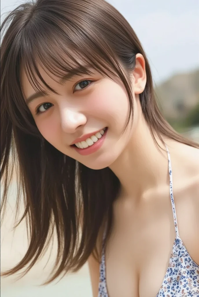 Highest quality, masterpiece, (Realistic:1.2), (uetoaya), smile, Backlight, Silhouette Lighting, Shirt lift, Tomboy, Brown long hair, Hair on one eye, front, Detailed face, Beautiful Eyes, Oily skin, Sweat a lot, Fitted, bikini, Underbust, Santorini, Greece