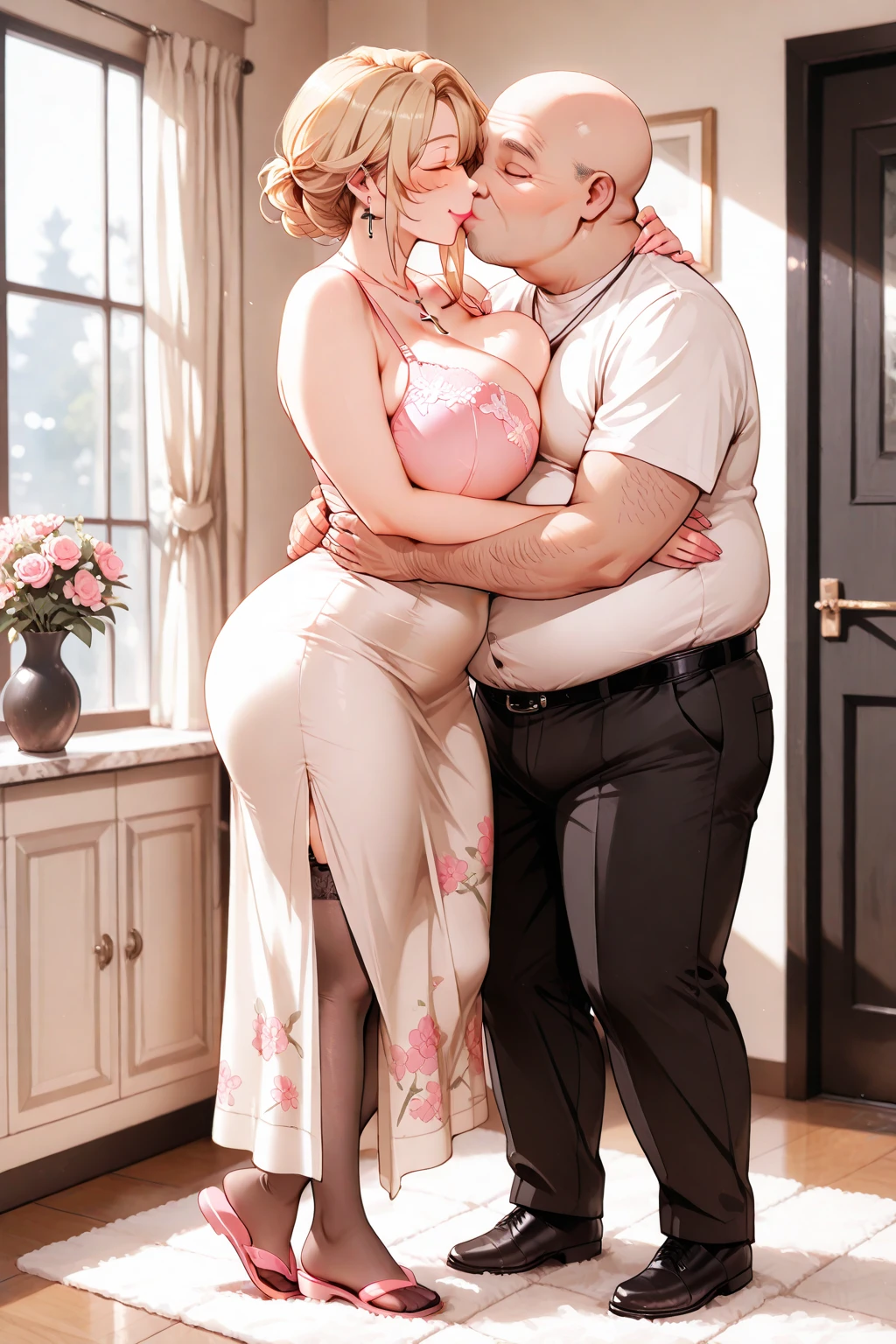 Blond pregnant 50 year old mom with stockings, big tits, fat ass and lingerie kissing her teenage son.