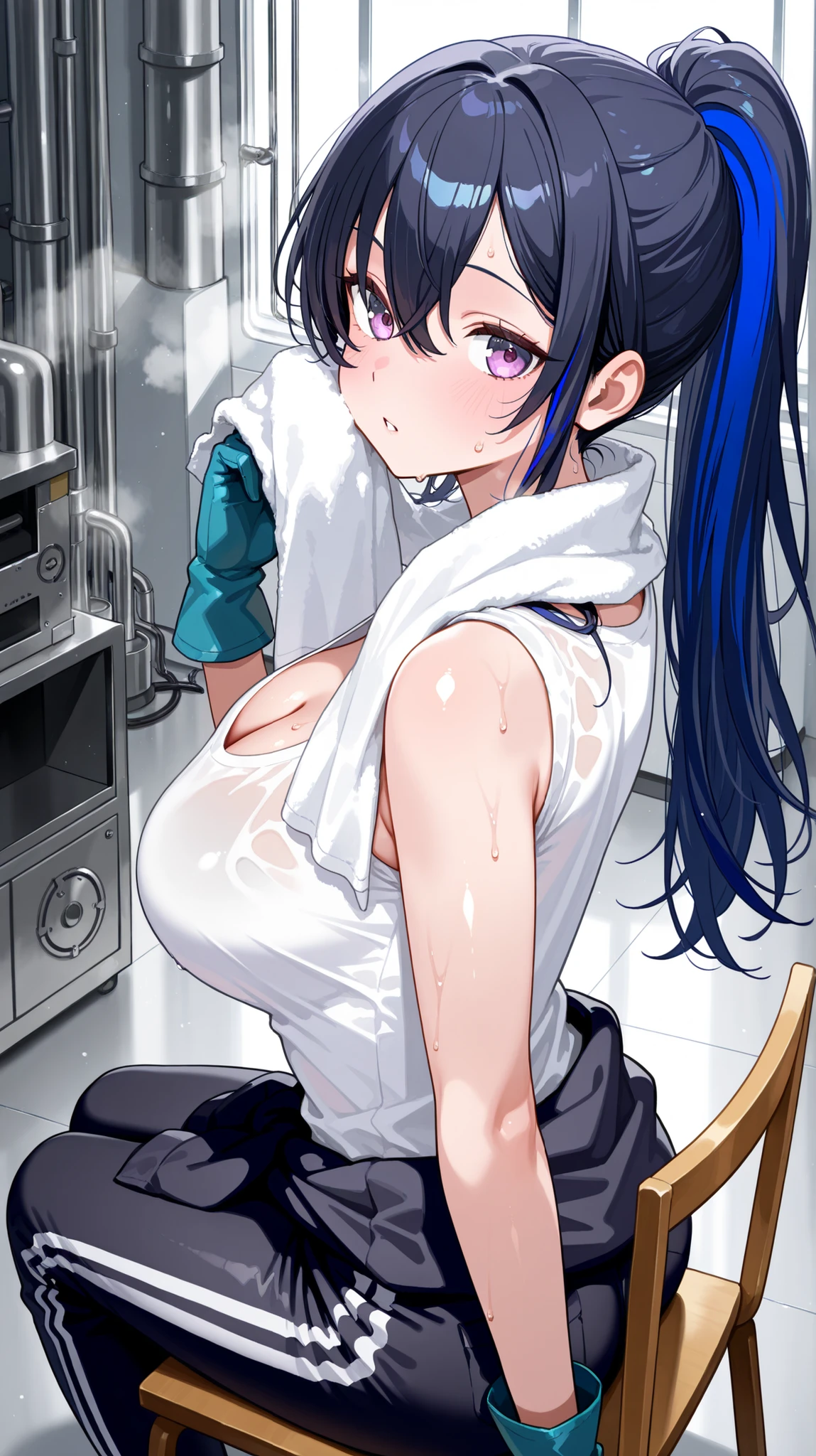 4K, 8K, high quality, highest quality, delicate, clear, super beautiful, girl, 1 person, Ichinose Uruha, Vtuber, black hair, blue mesh, blue-black hair, beautiful, cute, shiny skin, glossy skin, beautiful skin, ((face emphasis)), beautiful breasts, large breasts, slender, highest quality, super detailed, masterpiece, best quality, super beautiful, {{{masterpiece}}}, {{{highest quality}}}, {{super detailed}}, {illustration}, {{very delicate and beautiful}}, Hair inner color blue, factory, sitting on chair, from behind, ponytail hair, sweat, work gloves, big spanner, holding spanner, oil stain on face, looking back, cleavage, towel around neck,、BLACK jumpsuit、jumpsuit around waist、White shirt, sweaty shirt