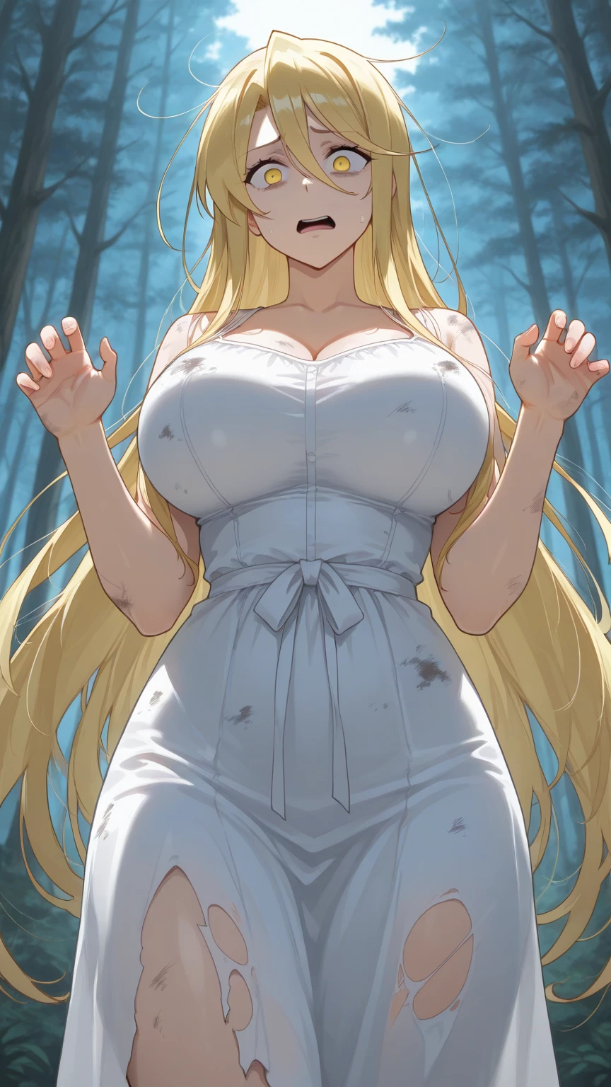 masterpiece, best quality, 1girl, solo, looking at viewer, enome, blonde hair, length hair, messy hair,large breasts , breasts out, (arms behind back:1.4), hanging,spiders in the web,long spider, Enome, desperate, struggle, entangled, angry face, despair,cocoon, blushing face, (spider behind her), (men touching her), touching breasts, (((pov hand squeezing breasts)))
